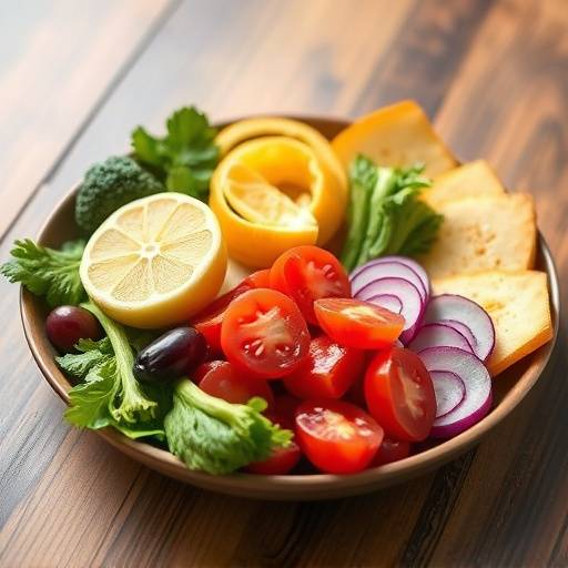 A balanced plate of healthy foods, including fruits, vegetables, and lean protein