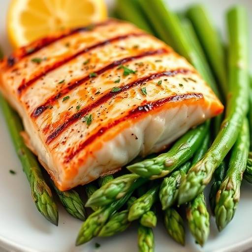 A plate of grilled salmon with asparagus and a lemon wedge, demonstrating a lean protein and vegetable-rich dinner option.