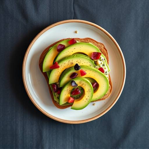 Overhead shot of sliced avocados on whole-wheat toast, topped with a sprinkle of red pepper flakes, illustrating a simple and healthy breakfast option.