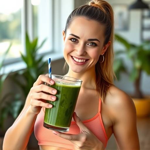 Smiling woman holding a healthy green smoothie after a workout