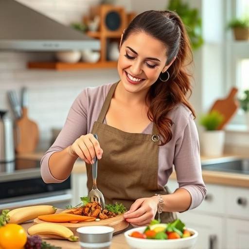 Woman happily preparing a healthy meal in her kitchen